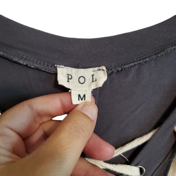 POL Long Tunic V- Neck Charcoal Gray Rayon Spandex Blend Short Sleeve Medium - Picture 2 of 13